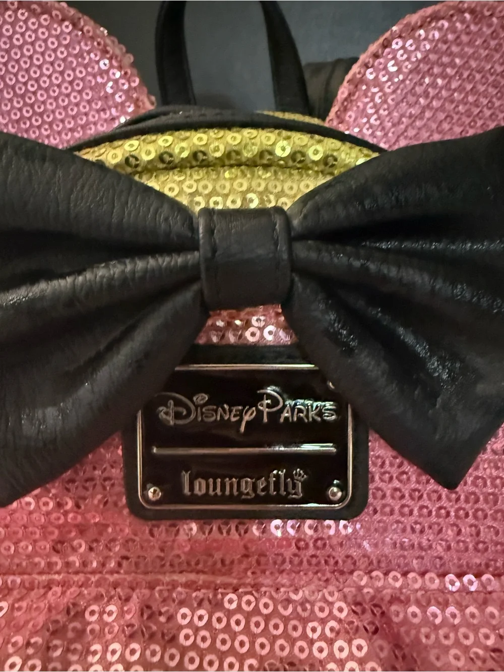 Loungefly Pink and Gold Sequin Ear Mini Backpack with Black Bow